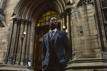 Fototapeta premium a man in a suit standing in front building