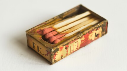 A vintage matchbox with an old-school design, isolated on white. The faded print and classic typography emphasize its collectible charm.