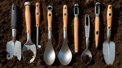garden tools on wooden background