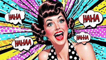 Vibrant pop art illustration featuring a beautiful woman laughing joyfully, surrounded by colorful speech bubbles filled with haha against a lively backdrop of dots and stripes