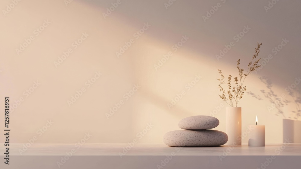 Poster relaxing spa setting with smooth massage stones, lit candles, and serenity for ultimate tranquility.
