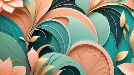 Abstract floral design, paper cut flowers and swirls, teal and peach background.  Possible use  wallpaper, print