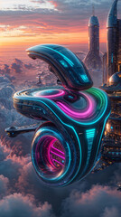 a hyper-futuristic, AI-controlled, iridescent floating house, suspended effortlessly in mid-air