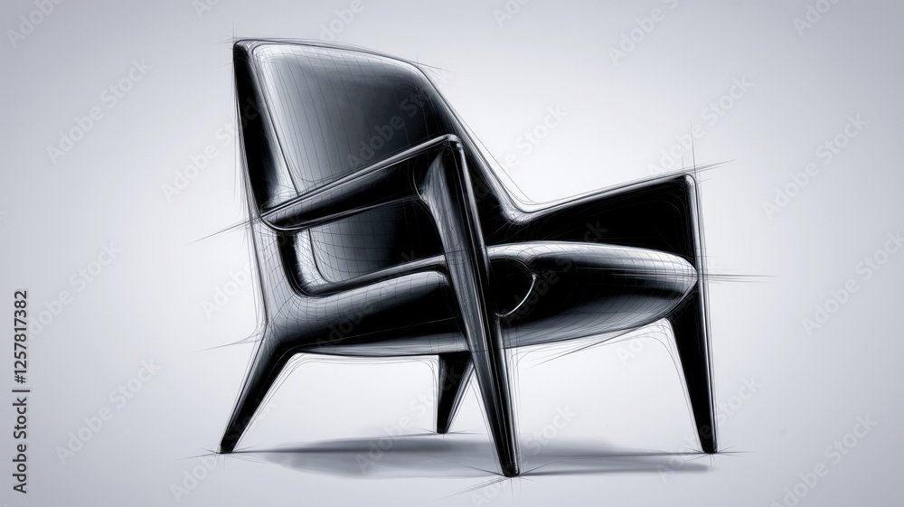 Poster sketch of a modern, sleek armchair with a minimalist design, showcasing its elegant form and contour