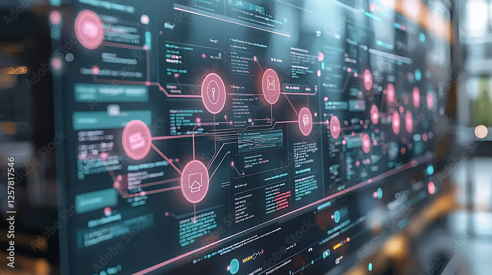 Poster stunning closeup of a futuristic digital interface displaying complex data streams and network conne