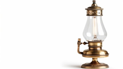 A vintage oil lamp with an elegant glass chimney, isolated on white. The warm brass tones and delicate craftsmanship enhance its antique feel.