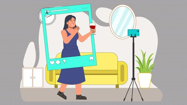 Depict the influencer concept using flat style animation. Characters create content, share lifestyle posts, and engage with followers on social media in a sleek, clean design.