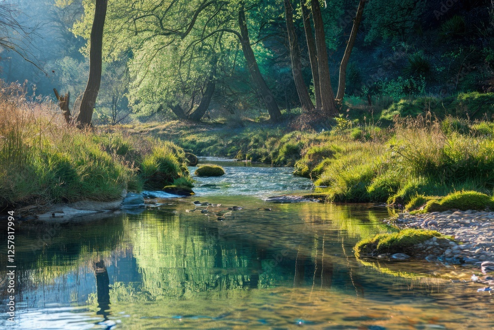 Poster Serene stream reflects lush greenery in a tranquil forest scene.