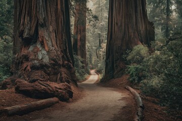 Obraz premium A tranquil path winds through a majestic redwood forest, sunlight filtering through the towering trees.
