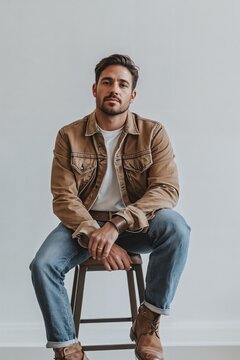 Hombre sentado en un taburete con chaqueta marr&oacute;n, jeans y botas, en un fondo claro y minimalista