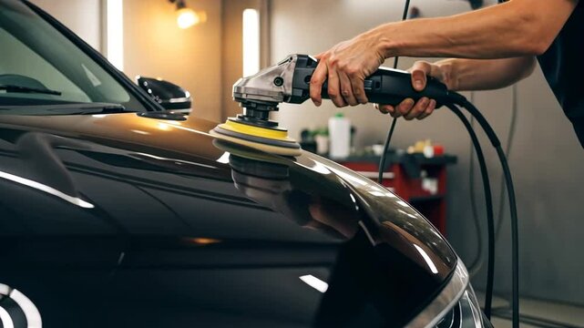 Polishing car, auto detailing and car care service with polisher for vehicle maintenance. Shiny automobile and professional cleaning for body work