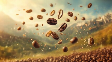 Coffee beans raining from the sky in a surreal landscape, symbolizing abundance on International Coffee Day, surreal, coffee beans, sky, event