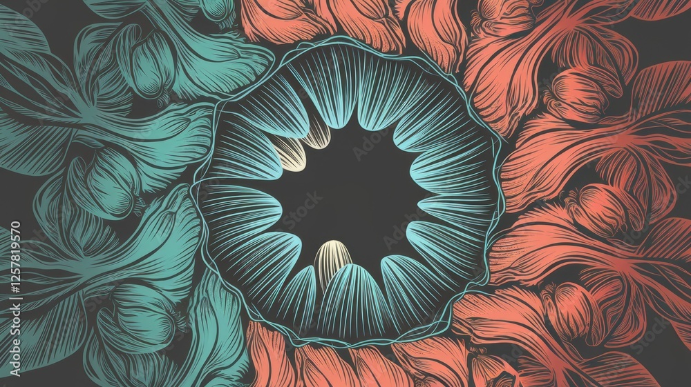 Poster intricate floral design with teal and coral tulips surrounding a central eye-like pattern.