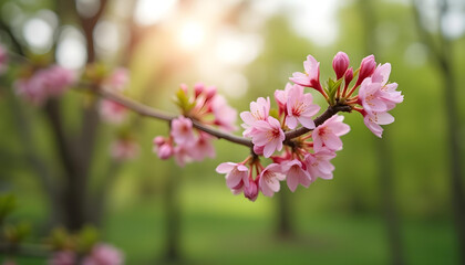 Obraz premium Close-Up of Pink Blossoms in Full Bloom – Delicate Flowers, Green Leaves, Sunlit Bokeh Background, Tranquil Nature Scene, and Serene Botanical Beauty in a Garden Setting.