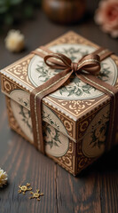 A beautifully decorated gift box with intricate floral designs tied with a ribbon sits on a rustic wooden table, surrounded by small floral details and an elegant ambiance