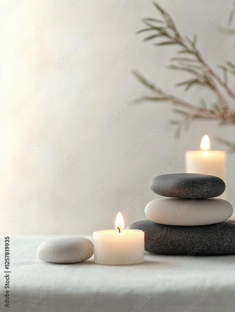 Poster relaxing spa setting with smooth stones, candles, and a space for personal messages or notes. genera