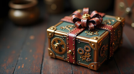 Obraz premium A beautifully crafted steampunk-style gift box featuring intricate gears and a decorative bow, set against a rustic wooden background