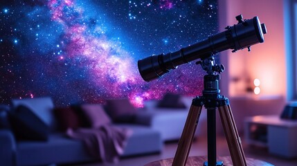 Telescope in living room, stargazing at night