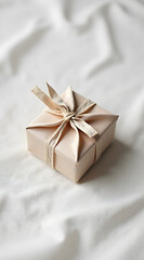 A beautifully wrapped eco friendly gift box with a satin ribbon on a soft white fabric background, evoking feelings of anticipation and celebration