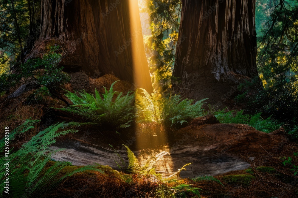 Poster Sunbeam illuminates ferns growing between massive redwood trees in a lush forest.