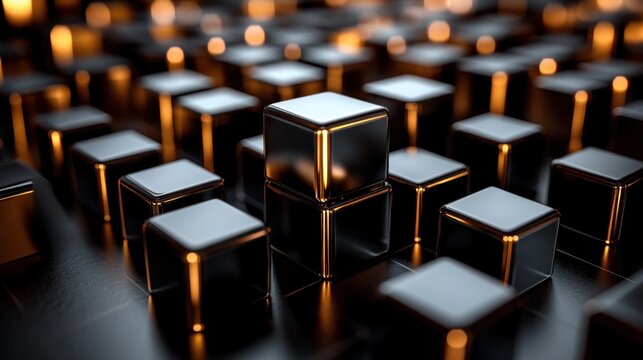 Black cubes rise, gold lights blur, tech background, data visualization