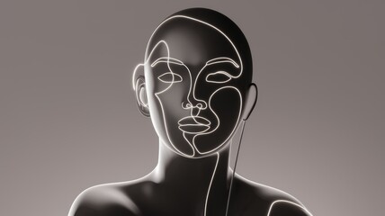 Abstract 3D model of a woman's face with glowing line art, minimalist and modern.