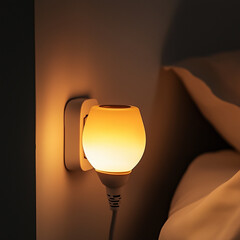 warm and cozy night light plugged into wall socket beside bed, perfect for bedroom ambiance and nighttime comfort