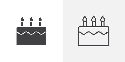 Cake birthday icons vectors illustrations in black fill and liner versions