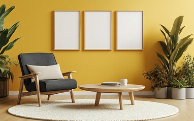 Cozy yellow room, armchair, coffee table, plants, mockups