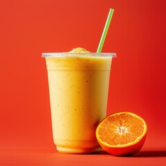 Fototapeta premium orange smoothie juice studio shot for drink menu advertising red background
