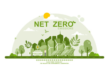 Net zero emissions and carbon neutral concept, Climate neutral long term strategy, Sustainable city of development goals, Caring for the environment using clean green energy, Renewable energy sources.
