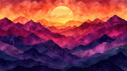 Sunset over layered mountains, fiery sky, peaceful scene, wall art