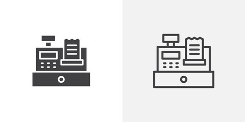 Cash register icons vectors illustrations in black fill and liner versions