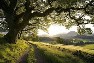Fototapeta premium Lush green pathway winding through serene countryside at sunset near rolling hills