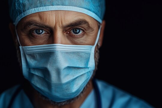 A doctor wearing blue scrubs and a surgical mask gazes directly at the camera, highlighting determination and focus in a healthcare setting. The image conveys dedication to patient safety and care.