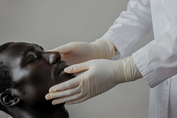A chiropractor wearing gloves gently palpating a patient's jaw providing a therapeutic examination.