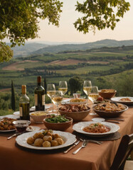 dinnertable full of italian food and drinks situated in a valley in the toscana