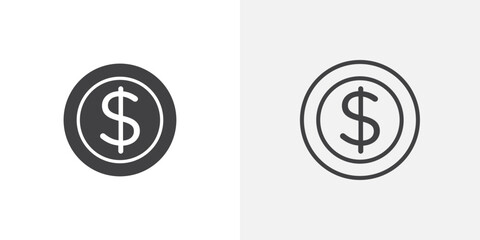Coin icons vectors illustrations in black fill and liner versions