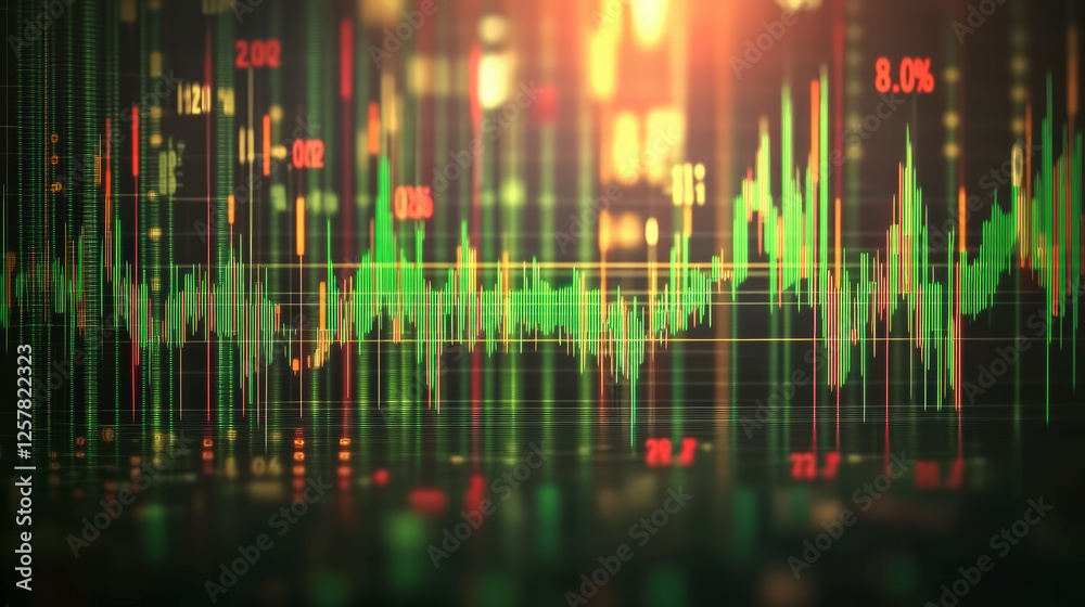 Wall mural dynamic stock market graph visualizes financial data trends, displaying fluctuating numbers and char