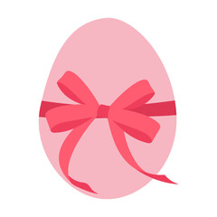 A pink egg with a red ribbon around it. The ribbon is tied in a bow. The egg is the main focus of the image