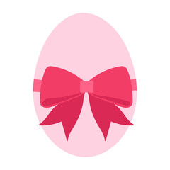 A pink egg with a red bow tied around it. The bow is tied in a way that it looks like it's about to be opened