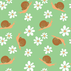 Obraz premium Vector seamless pattern of snails and flowers. Flat style. Flower meadow. Cute texture on theme of nature, spring, summer, children print