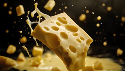 Cheese slice in liquid splash, dark background, food photography