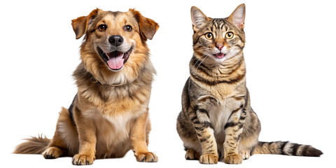 Obraz premium A happy dog and a content cat sitting together, smiling, isolated on a transparent background