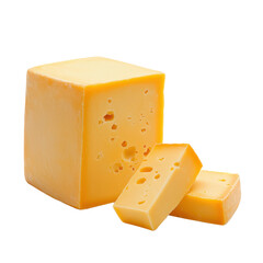 Cheddar cheese block with slices, isolated on a white background.