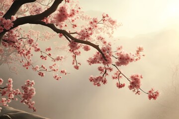 Fototapeta premium Cherry blossoms in bloom against a soft, misty background during early spring at dawn