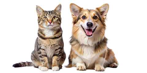 Obraz premium A happy dog and a content cat sitting together, smiling, isolated on a transparent background