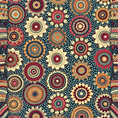 A repeating design of colorful sun-like shapes in shades of red, orange, yellow, green, blue, and purple against a dark blue background with white polka dots. Vector patterns, random pattern