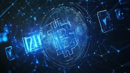 Blockchain technology futuristic hud background with world globe and blockchain polygon peer to peer network. Global cryptocurrency fintech business banner concept. Low poly design. Horizontal layout