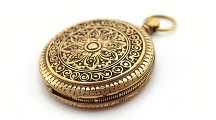 An antique gold locket with intricate filigree detailing, isolated on white. The aged patina and delicate engravings add authenticity.